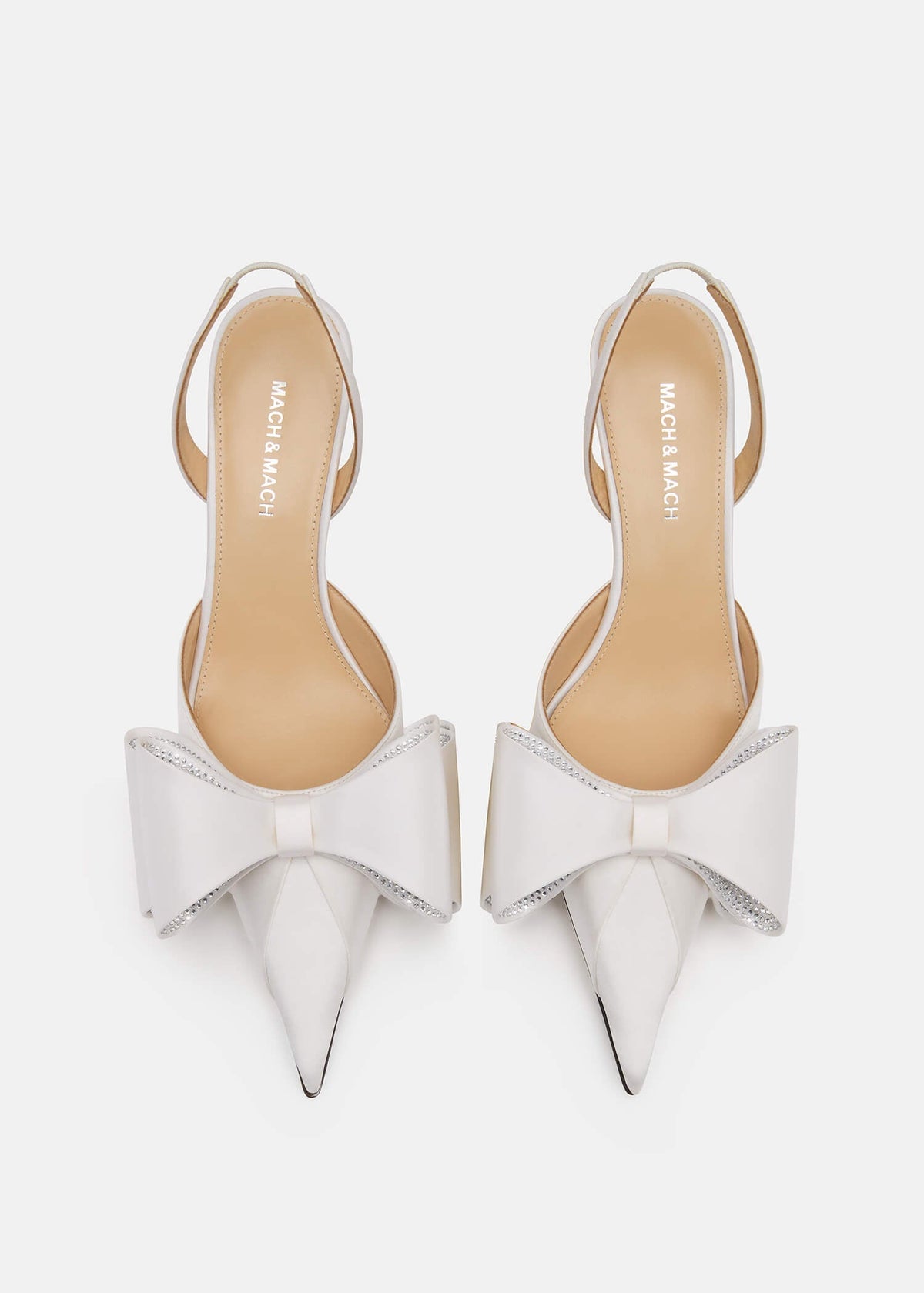 Aurora White Crystal Slingbacks – top view showing crystal, satin, white, Vowalisse