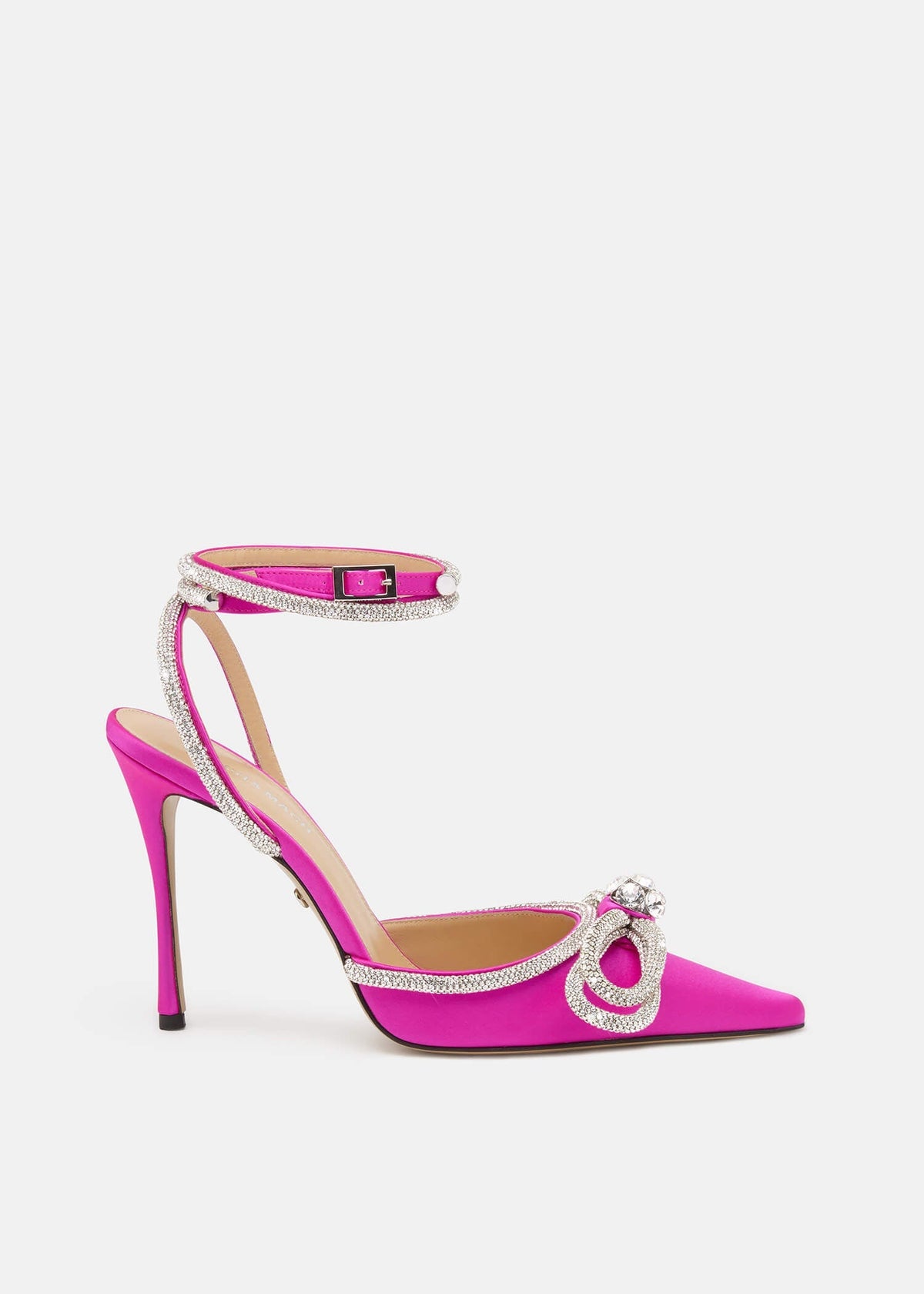 Selene Fuchsia Double Bow Pumps – front three-quarter view showing double bow, crystal, satin, red, Vowalisse