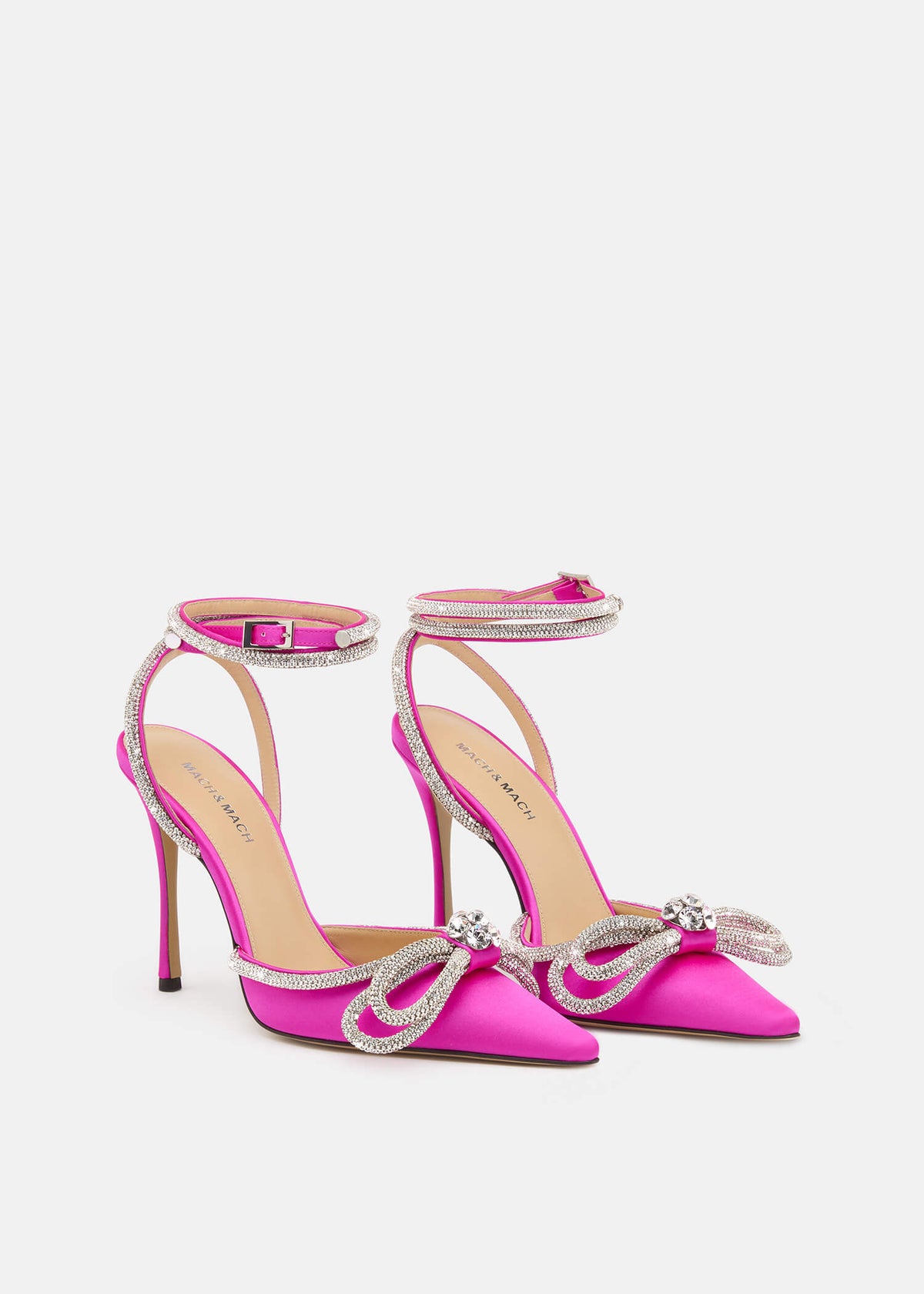 Selene Fuchsia Double Bow Pumps – side profile showing double bow, crystal, satin, red, Vowalisse