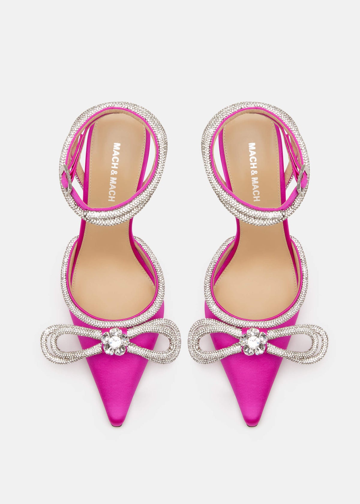 Selene Fuchsia Double Bow Pumps – crystal detail view showing double bow, crystal, satin, red, Vowalisse
