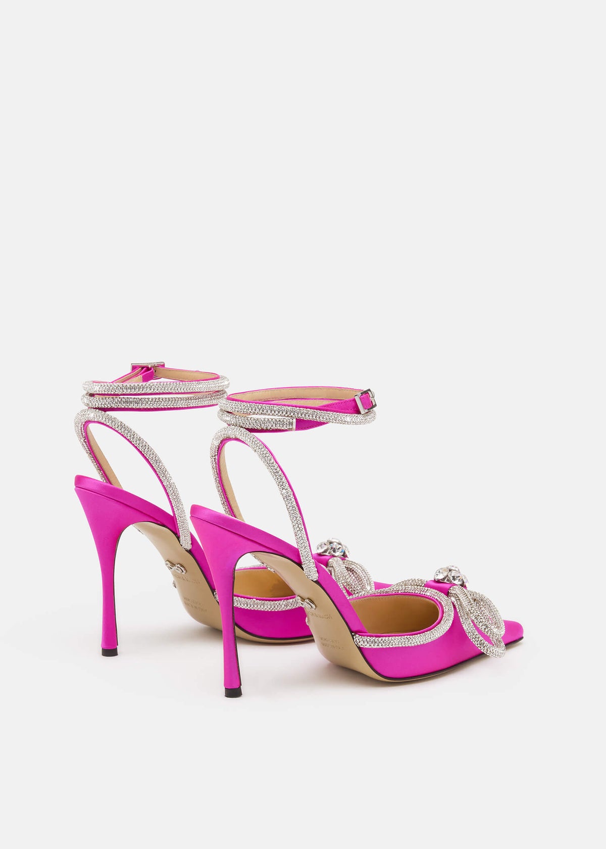 Selene Fuchsia Double Bow Pumps – heel view showing double bow, crystal, satin, red, Vowalisse