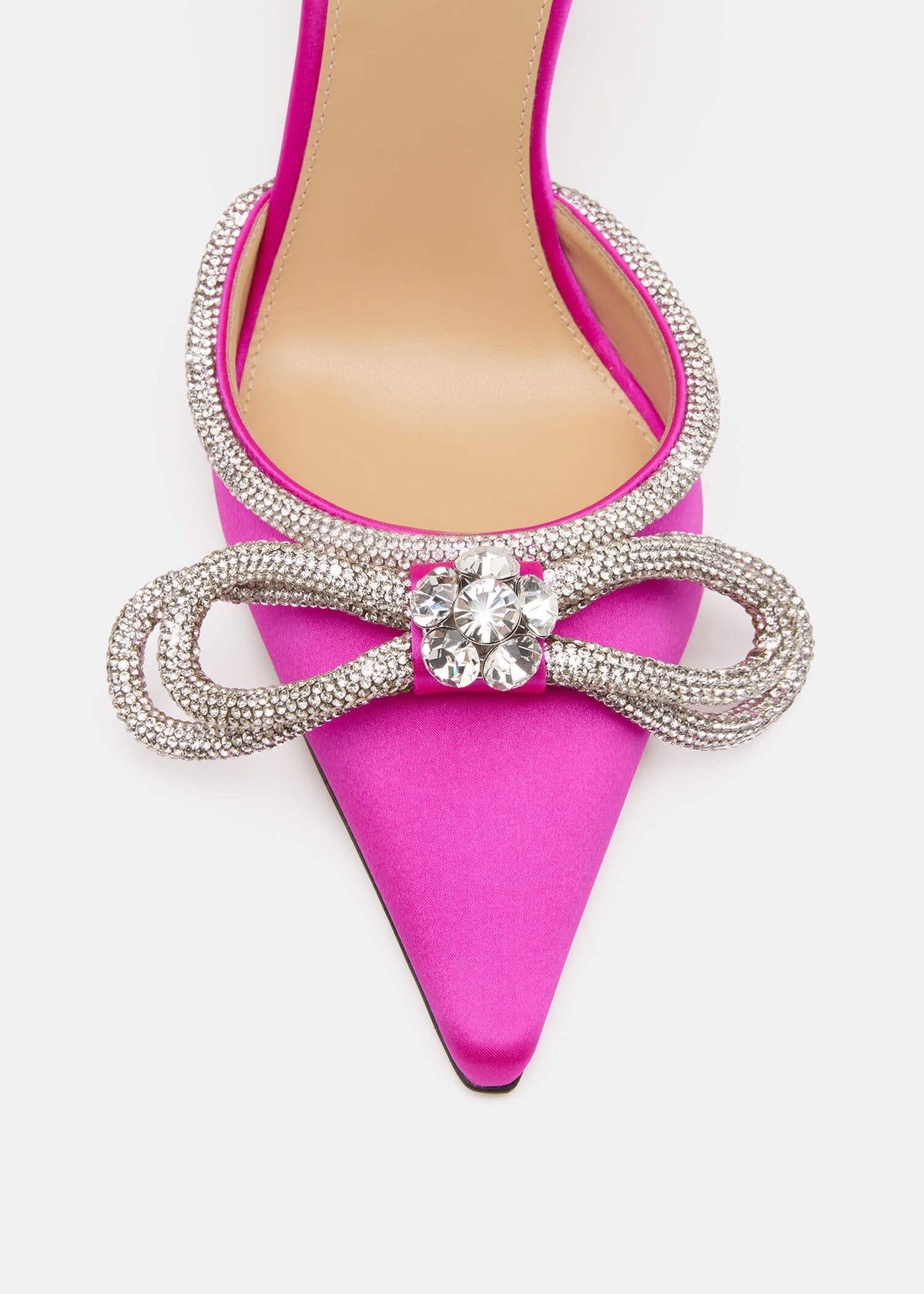 Selene Fuchsia Double Bow Pumps – rear view showing double bow, crystal, satin, red, Vowalisse