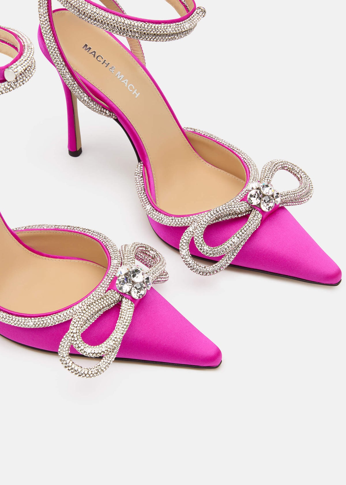 Selene Fuchsia Double Bow Pumps – top view showing double bow, crystal, satin, red, Vowalisse