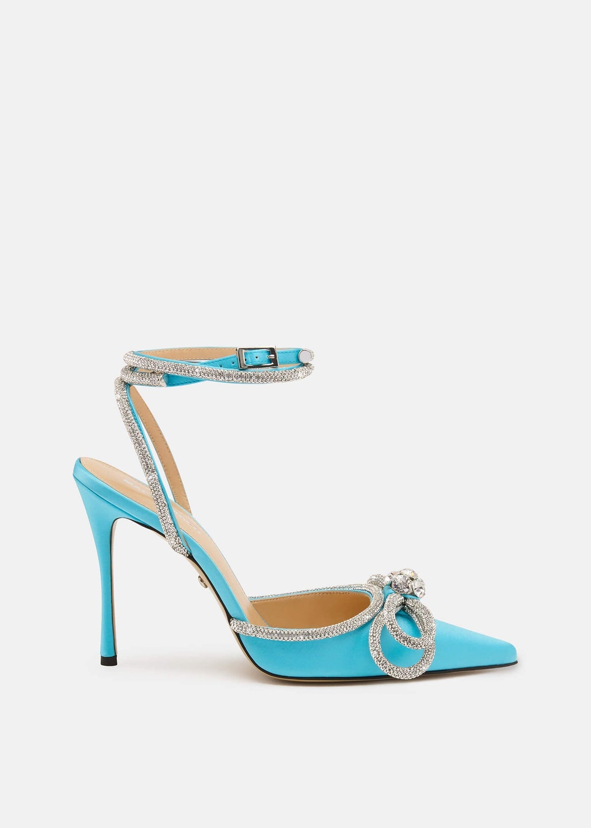 Romina Ocean Blue Double Bow Pumps – front three-quarter view showing double bow, crystal, satin, blue, Vowalisse
