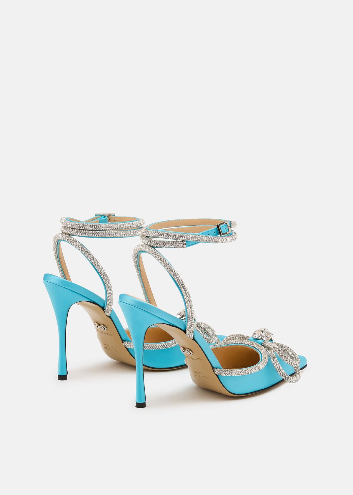 Romina Ocean Blue Double Bow Pumps – heel view showing double bow, crystal, satin, blue, Vowalisse