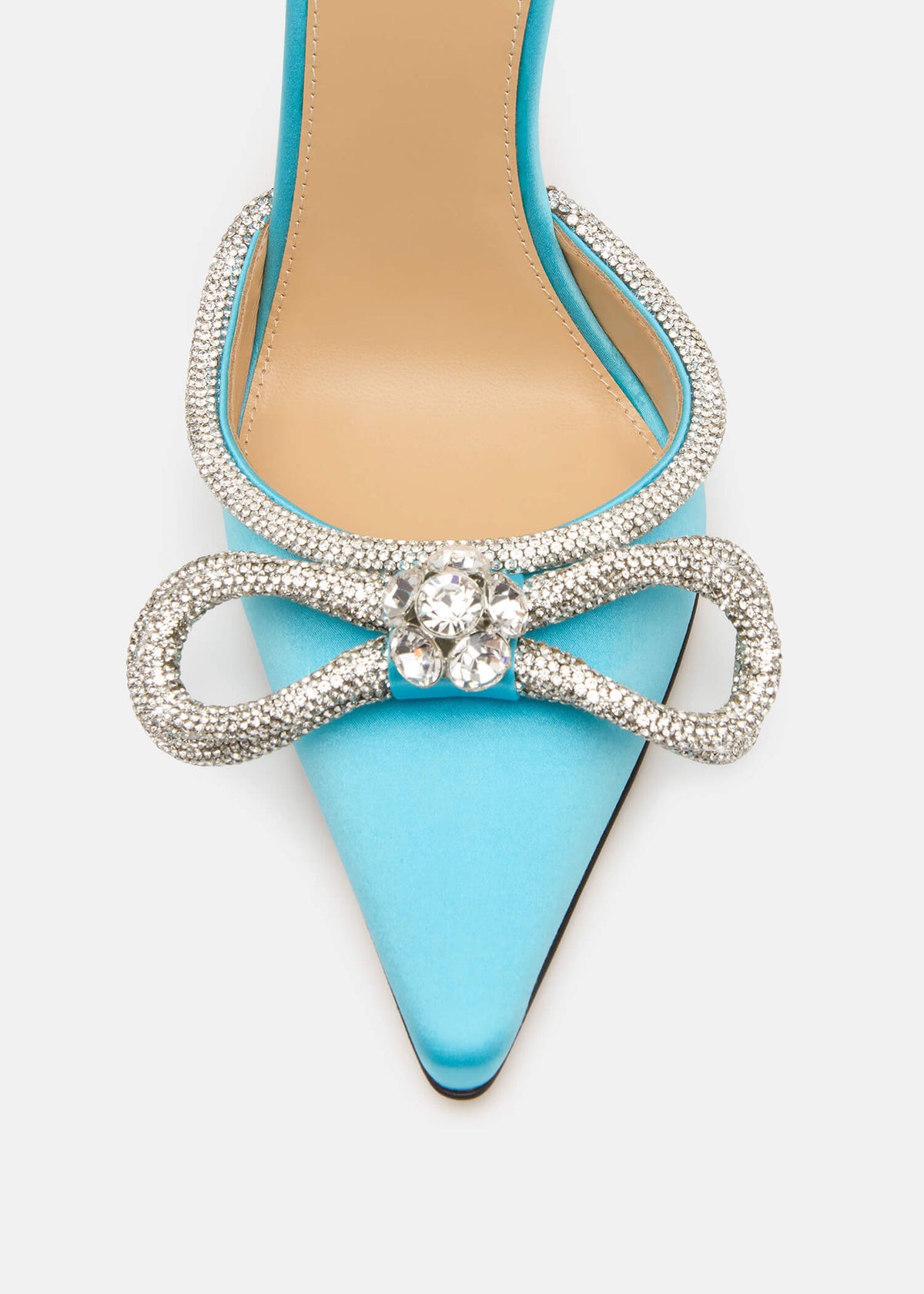 Romina Ocean Blue Double Bow Pumps – rear view showing double bow, crystal, satin, blue, Vowalisse