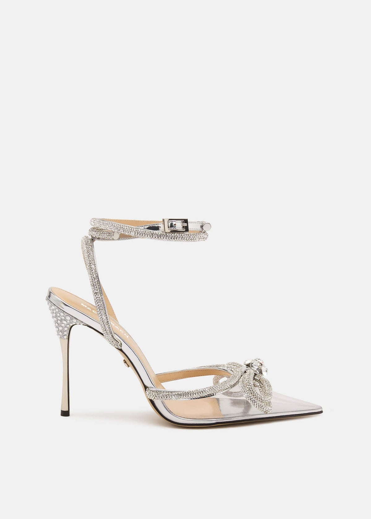 Penelope Silver Double Bow Pumps – front three-quarter view showing double bow, crystal, satin, silver, Vowalisse