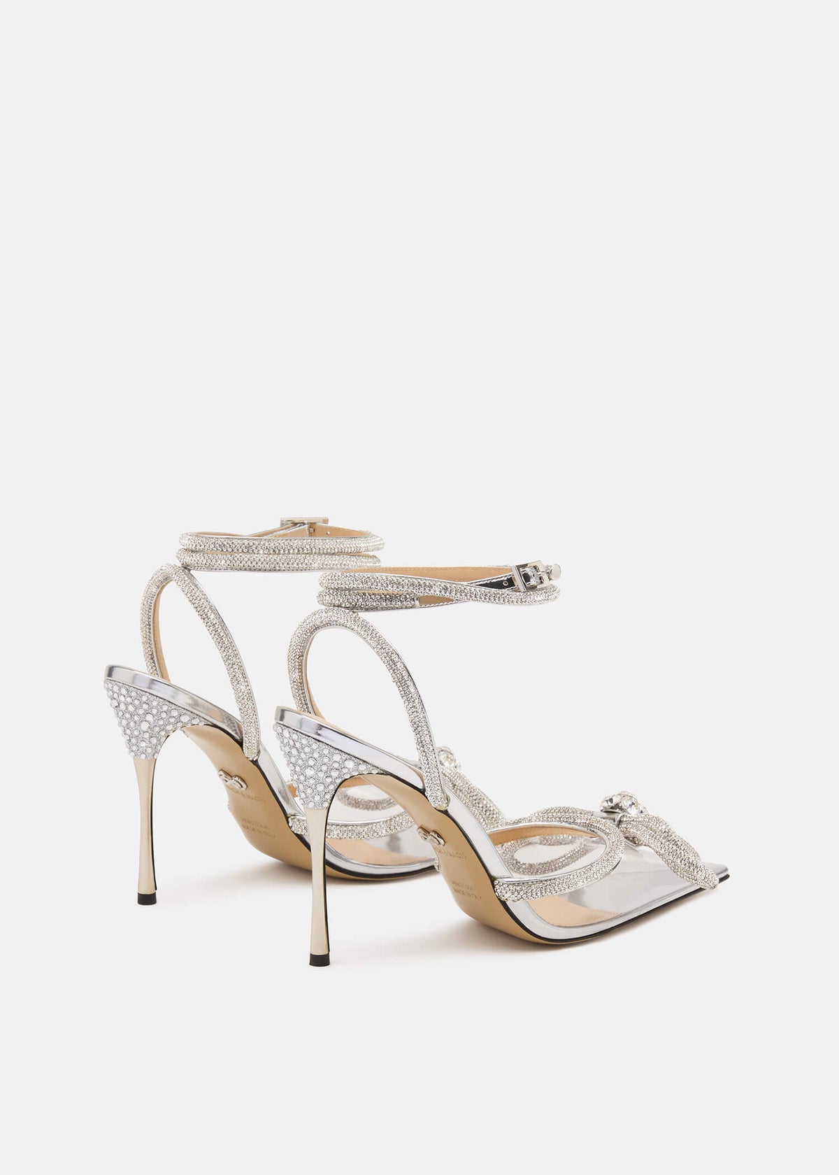 Penelope Silver Double Bow Pumps – heel view showing double bow, crystal, satin, silver, Vowalisse