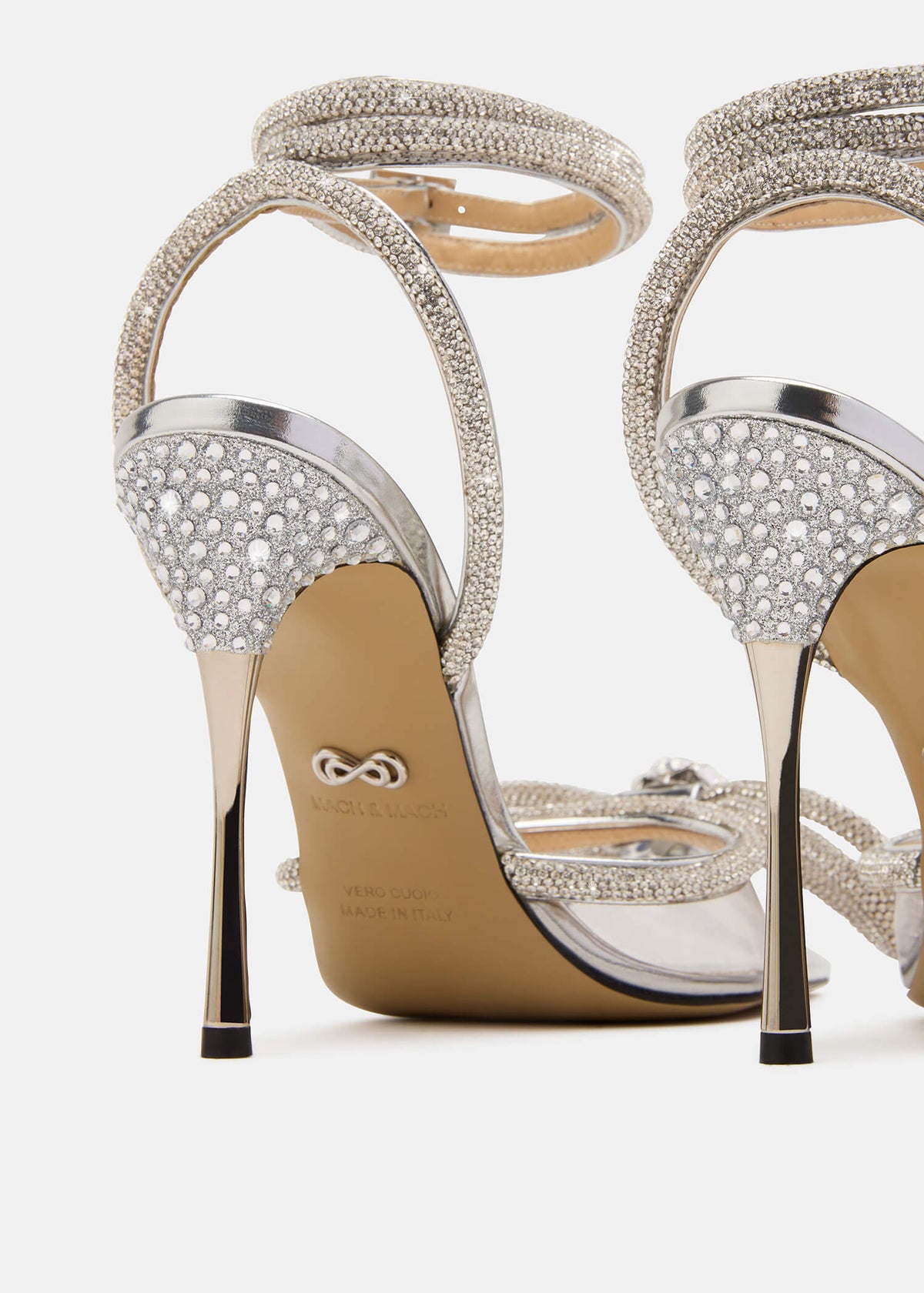 Penelope Silver Double Bow Pumps – rear view showing double bow, crystal, satin, silver, Vowalisse