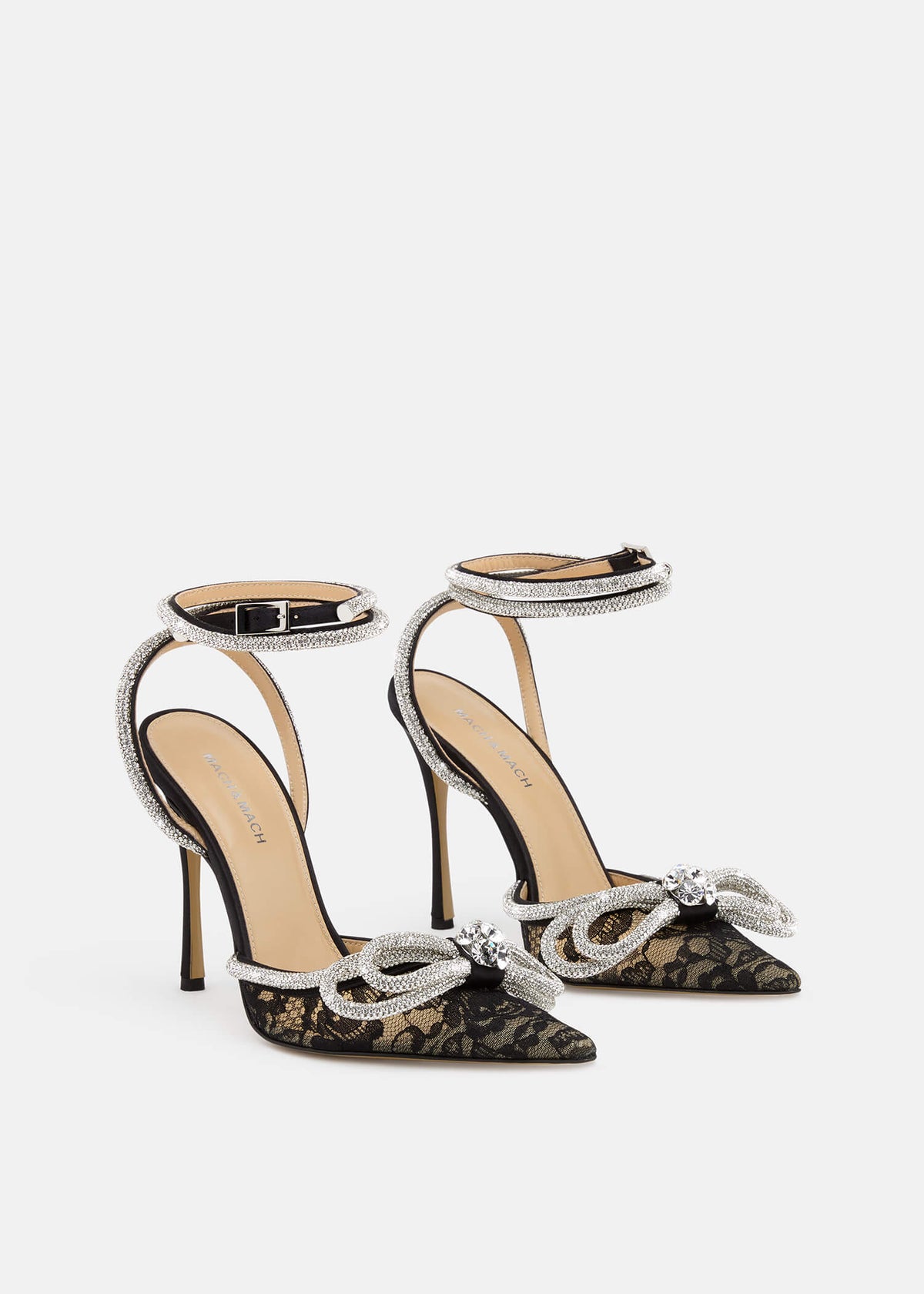 Olympia Black Double Bow Pumps – side profile showing double bow, crystal, lace, black, Vowalisse