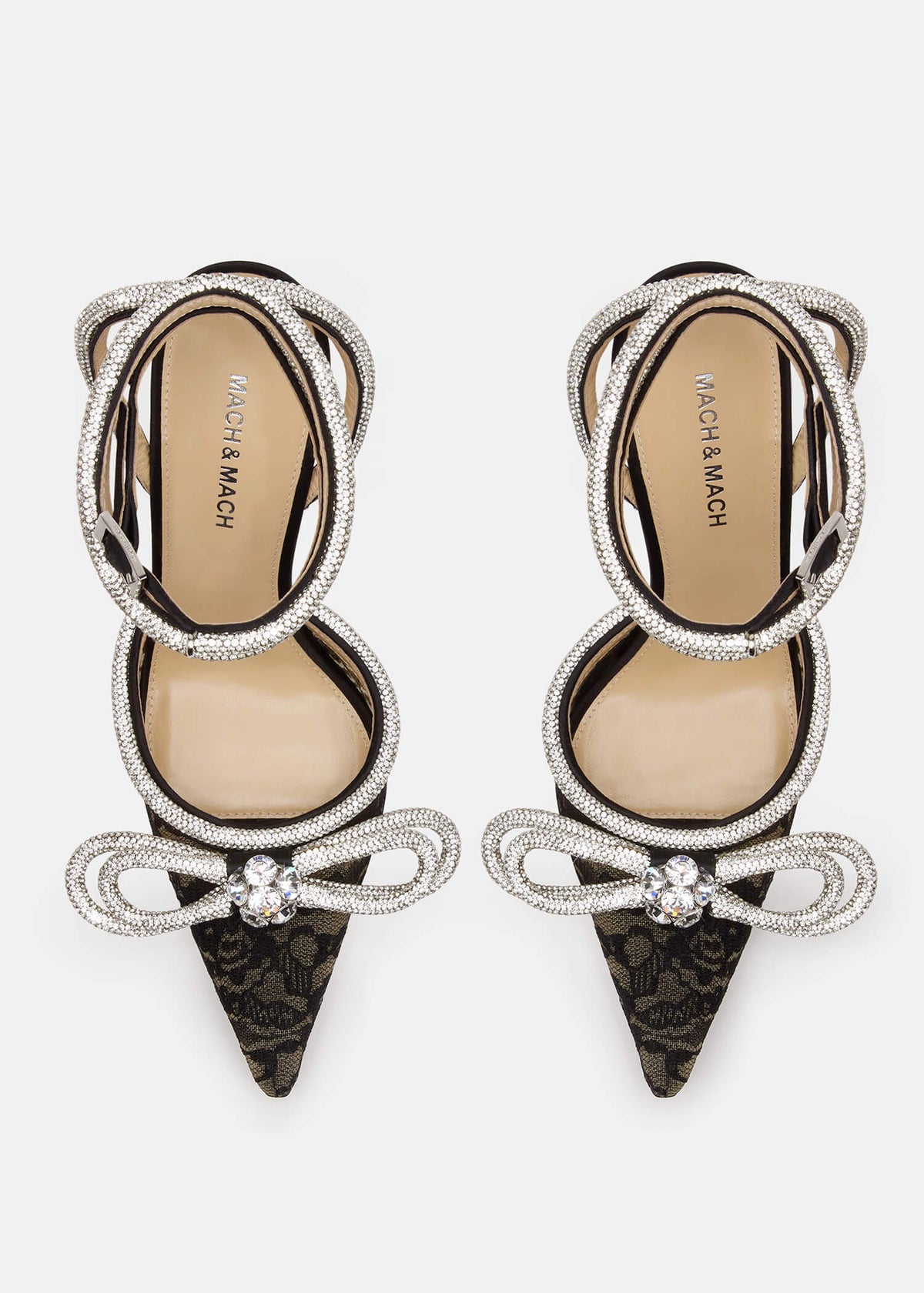 Olympia Black Double Bow Pumps – crystal detail view showing double bow, crystal, lace, black, Vowalisse