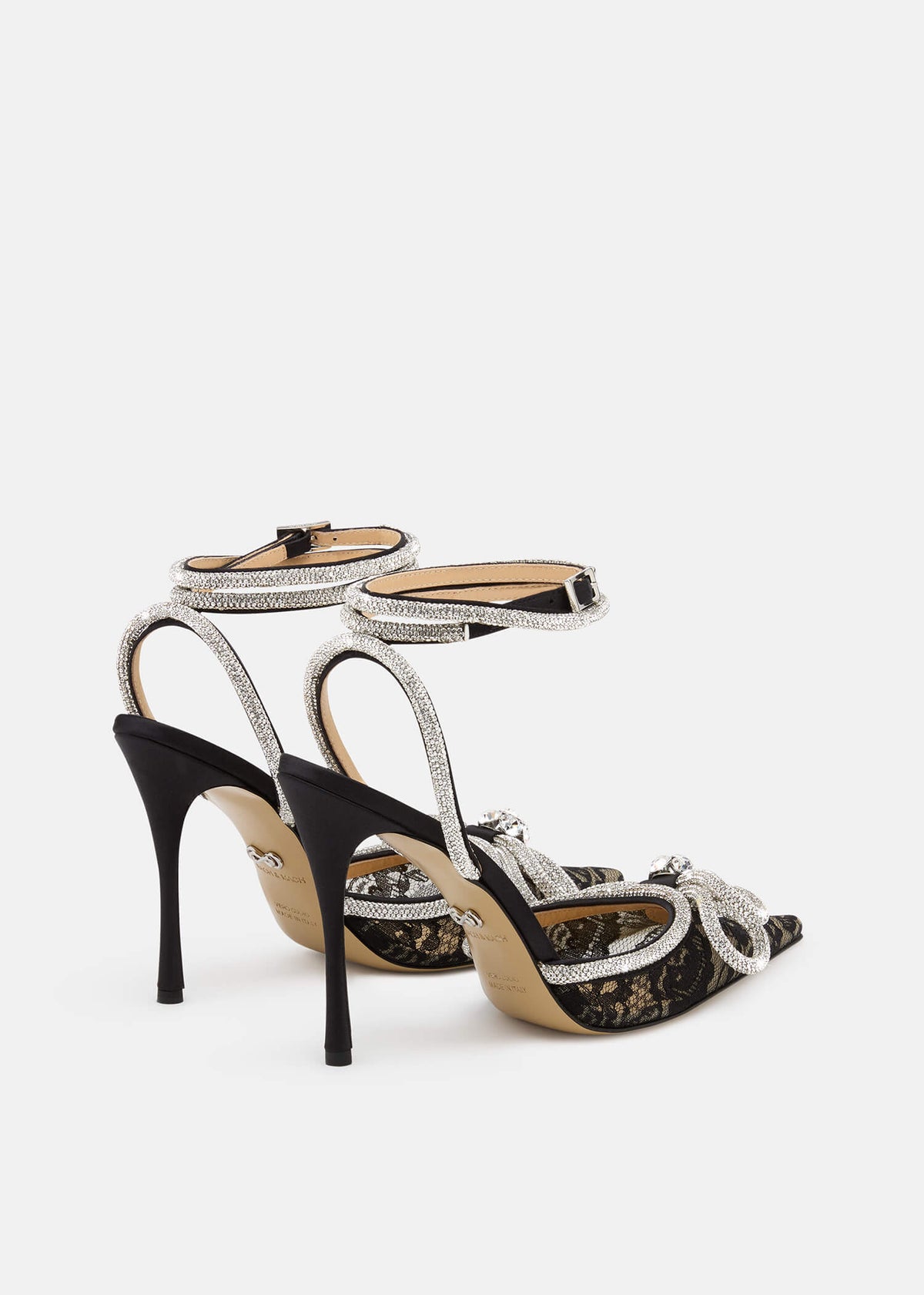 Olympia Black Double Bow Pumps – heel view showing double bow, crystal, lace, black, Vowalisse