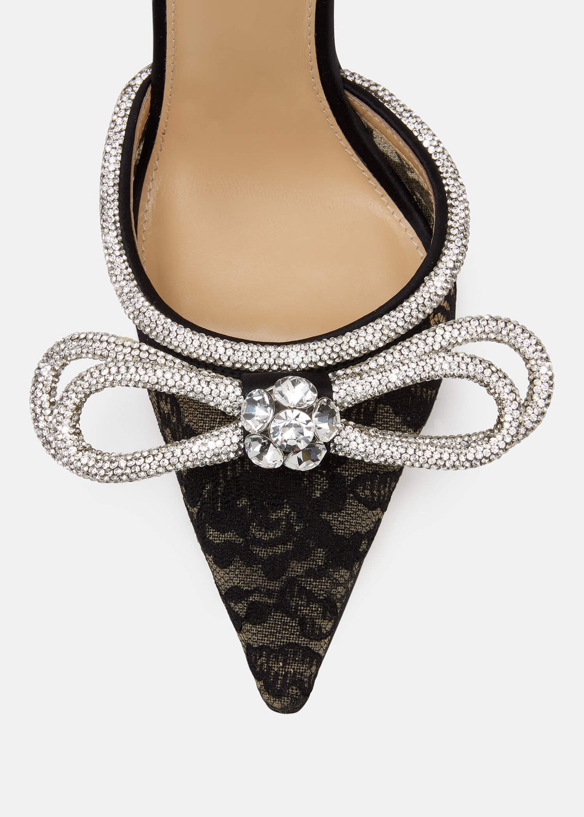Olympia Black Double Bow Pumps – rear view showing double bow, crystal, lace, black, Vowalisse