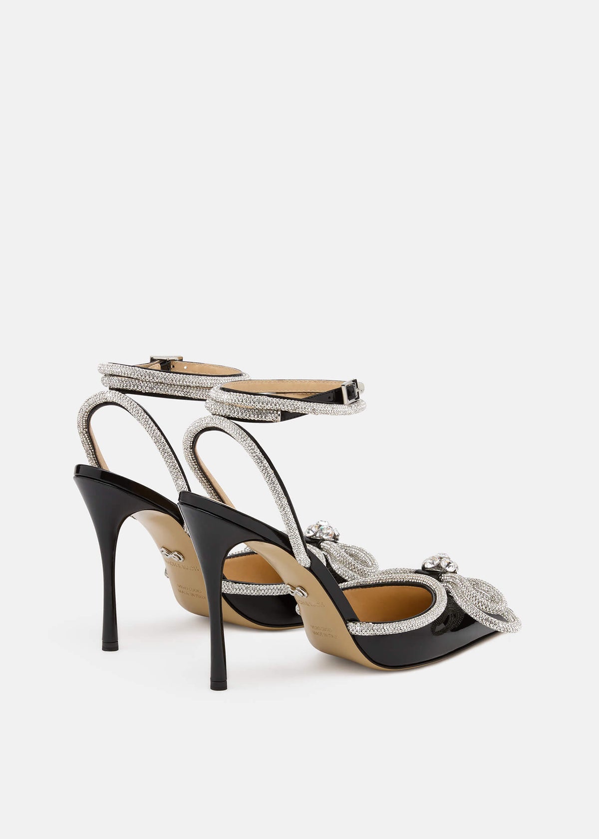 Nadia Black Double Bow Pumps – heel view showing double bow, crystal, patent leather, black, Vowalisse