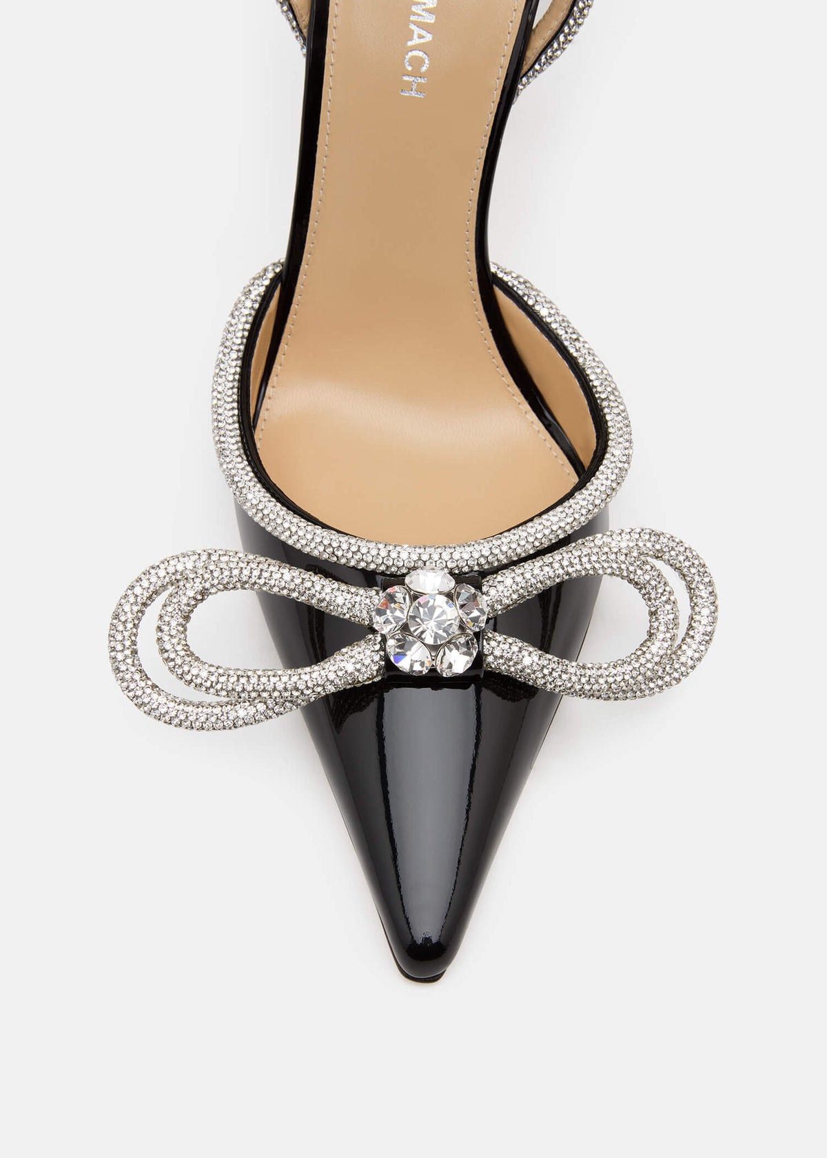 Nadia Black Double Bow Pumps – rear view showing double bow, crystal, patent leather, black, Vowalisse