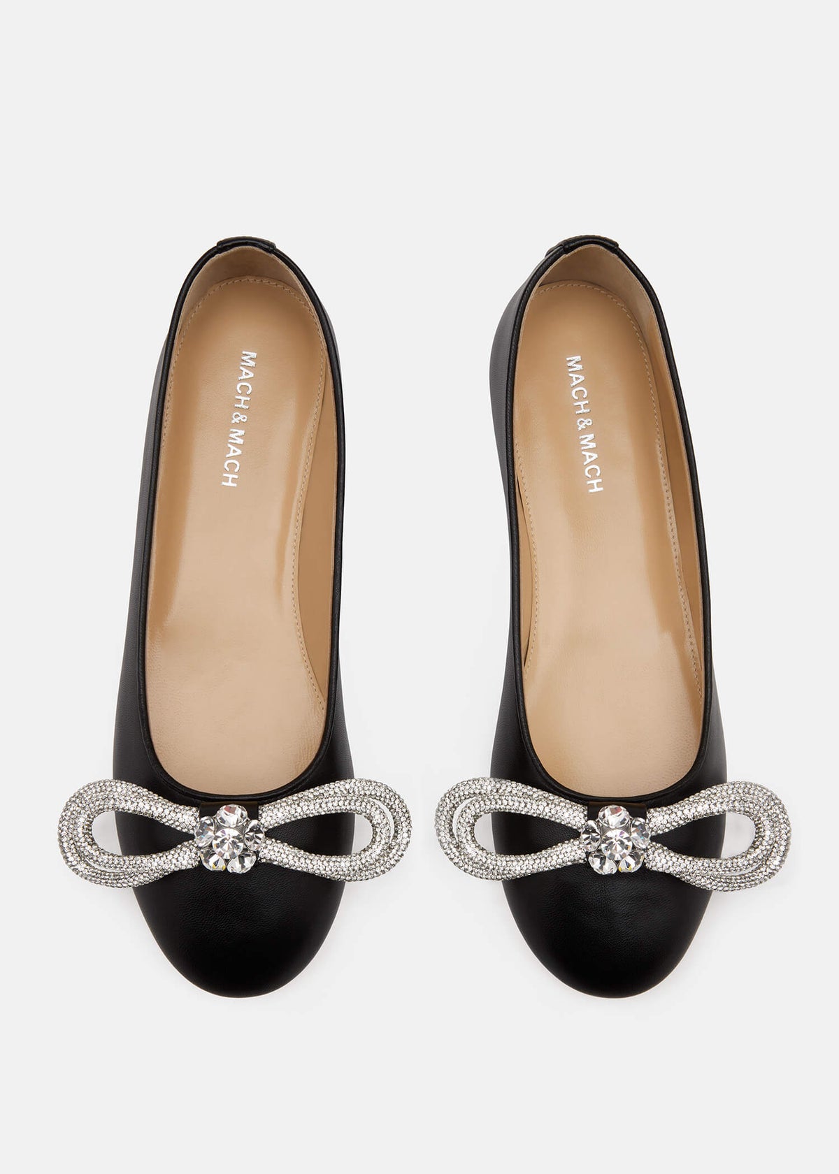 Melina Black Double Bow Flats – crystal detail view showing double bow, crystal, black, red, Vowalisse