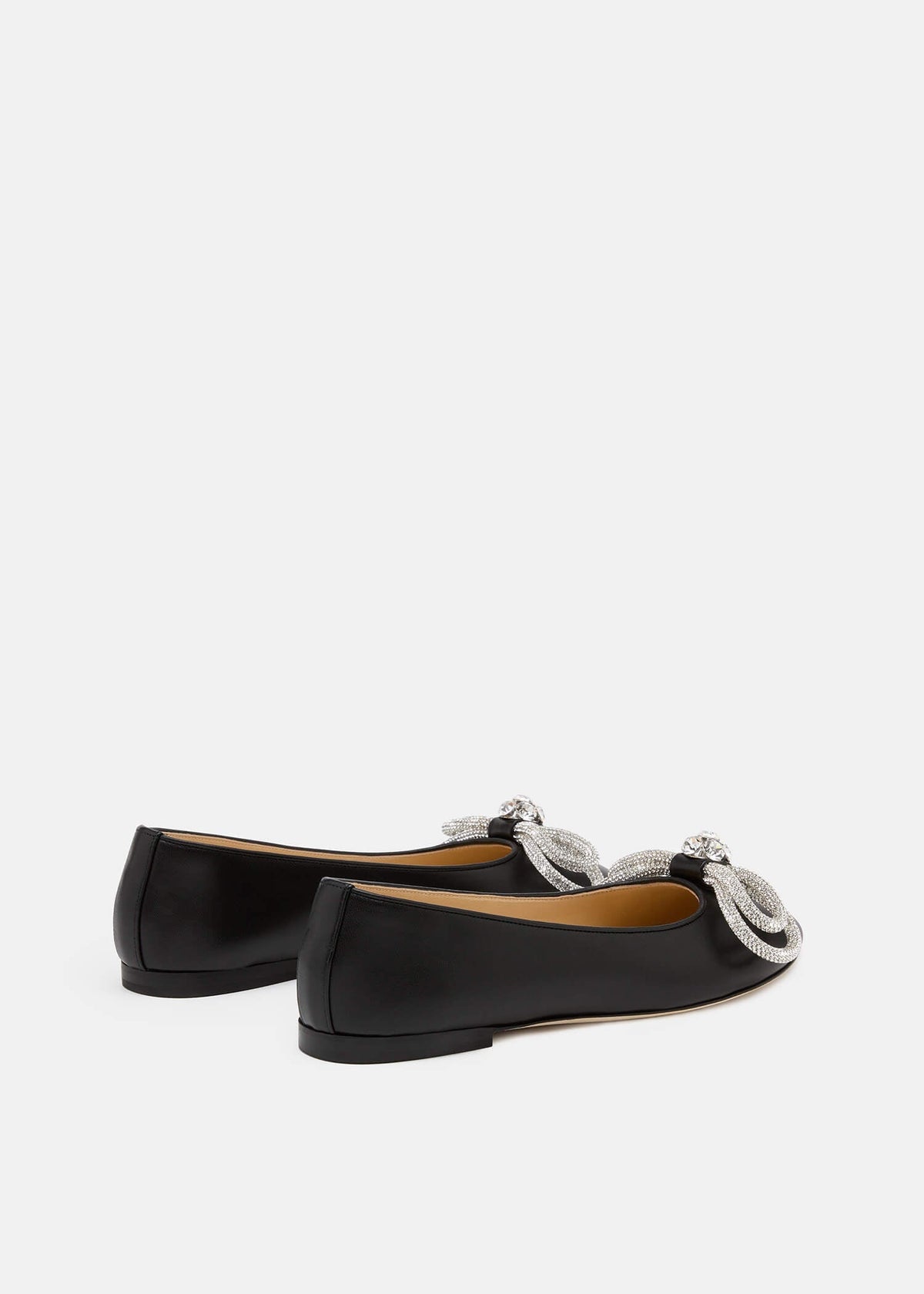 Melina Black Double Bow Flats – heel view showing double bow, crystal, black, red, Vowalisse