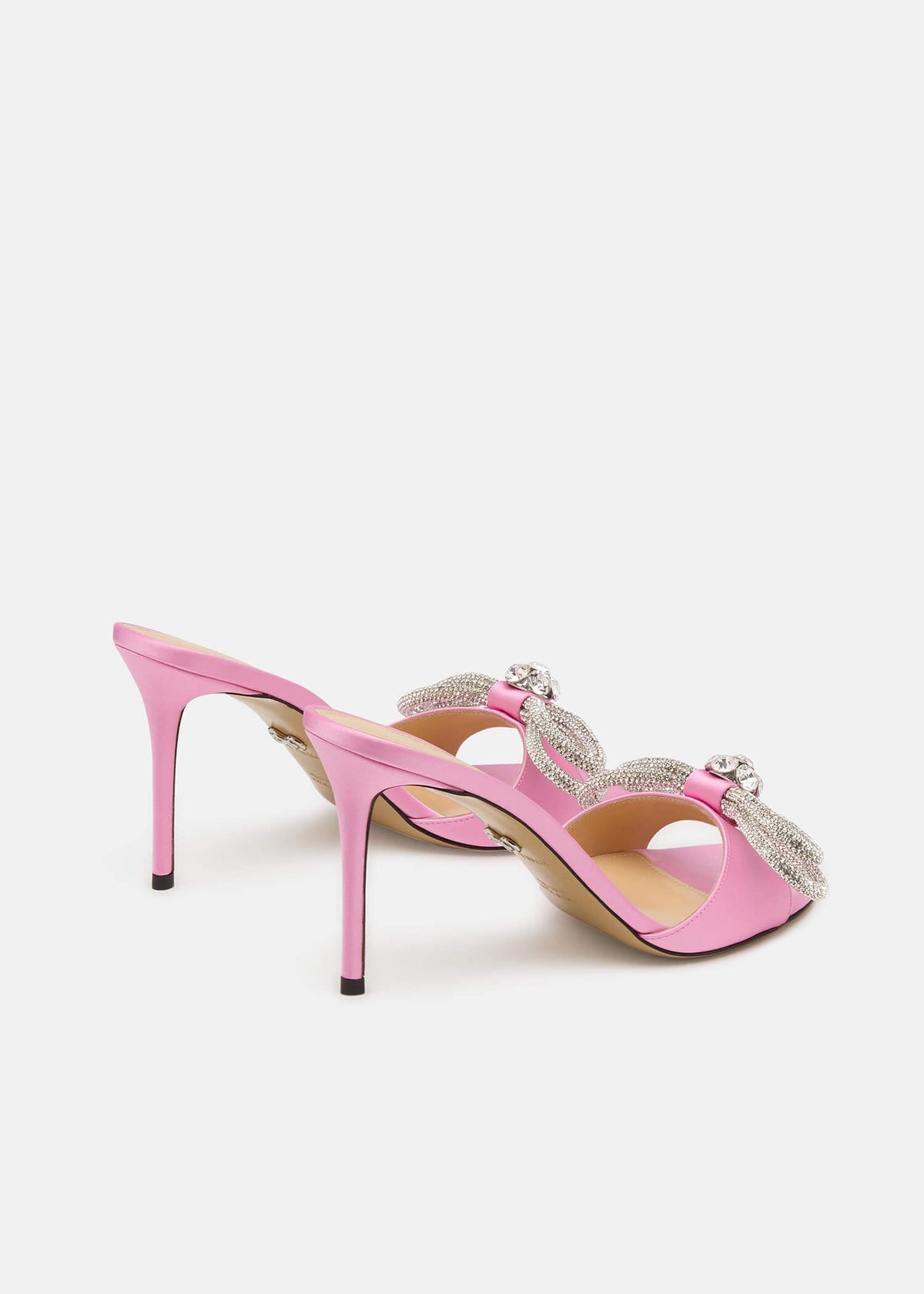 Katerina Pink Double Bow Mules – heel view showing double bow, crystal, satin, pink, Vowalisse