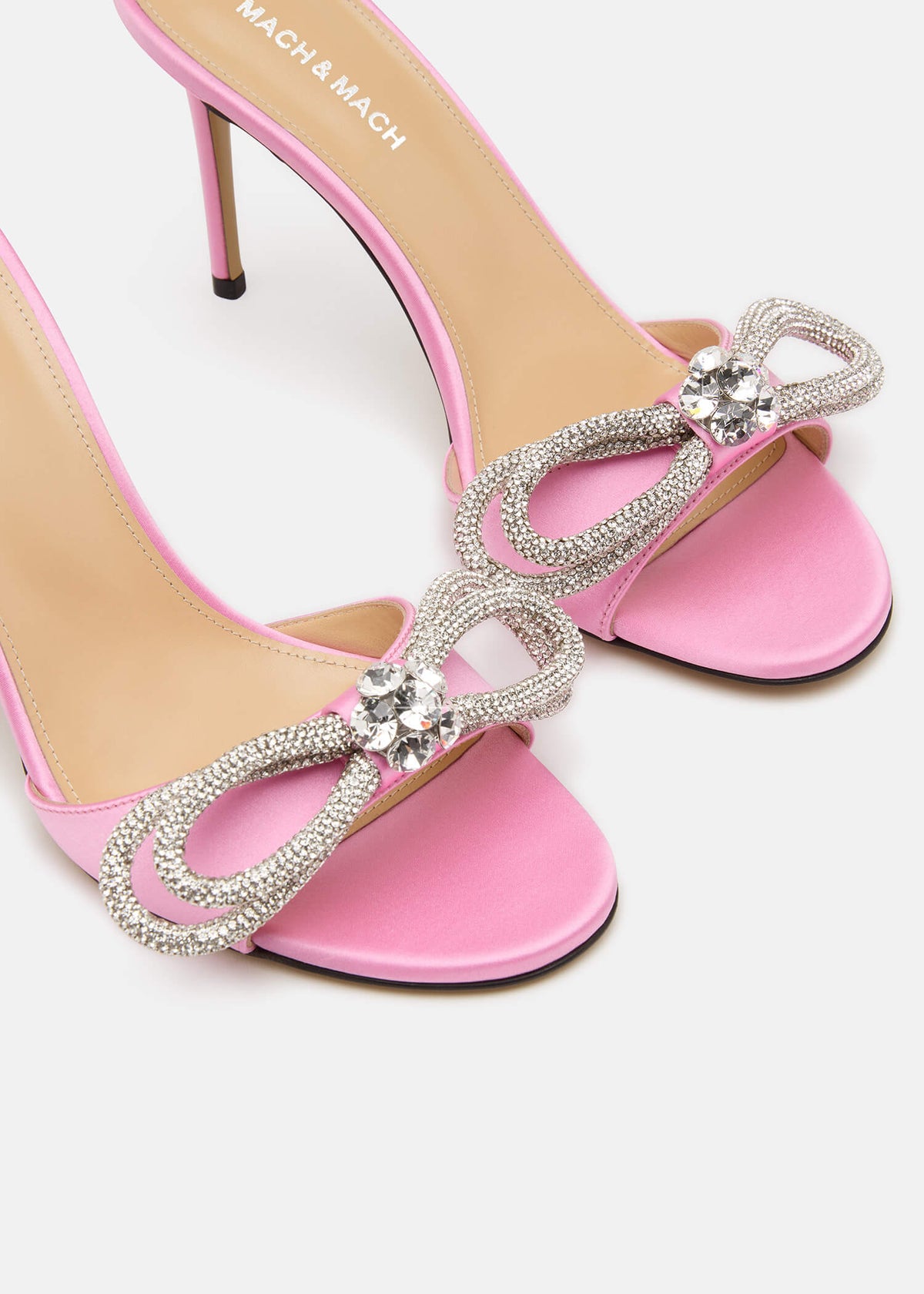 Katerina Pink Double Bow Mules – top view showing double bow, crystal, satin, pink, Vowalisse