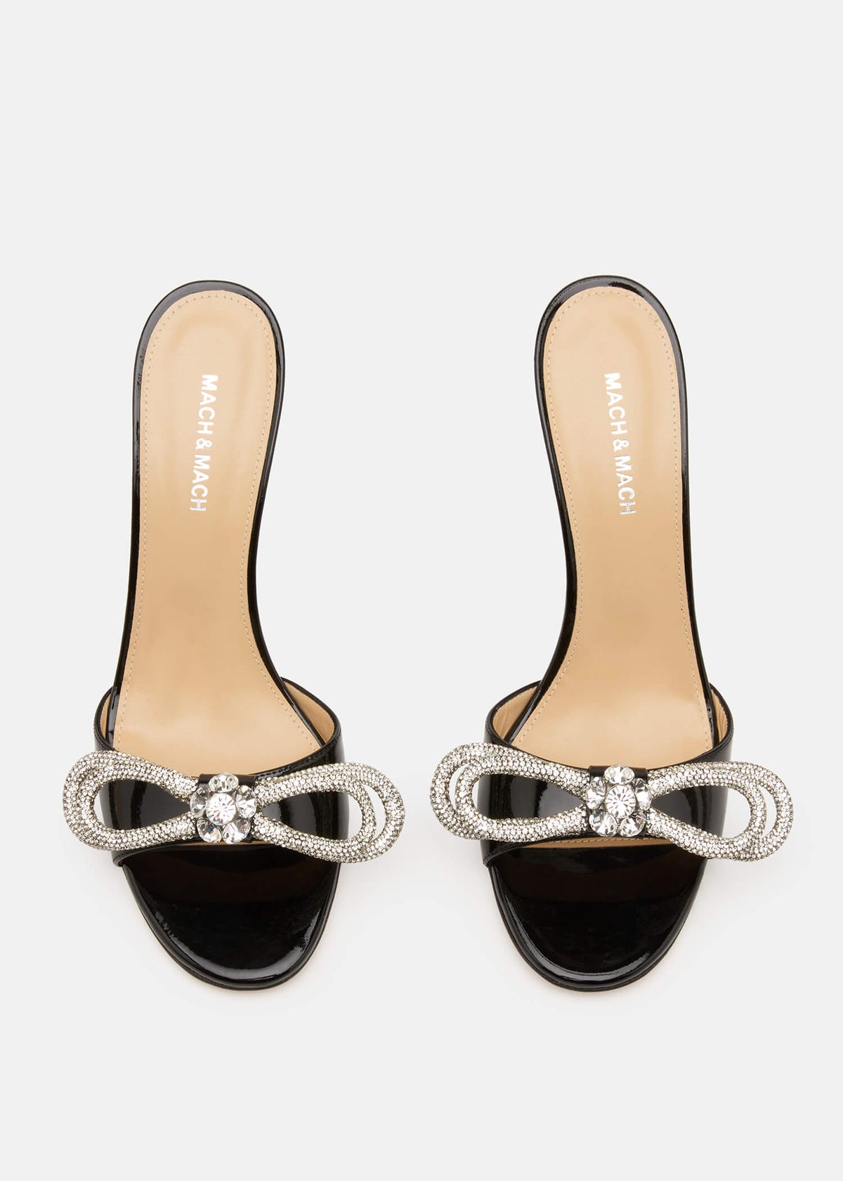 Jasmine Black Double Bow Mules – crystal detail view showing double bow, crystal, black, Vowalisse