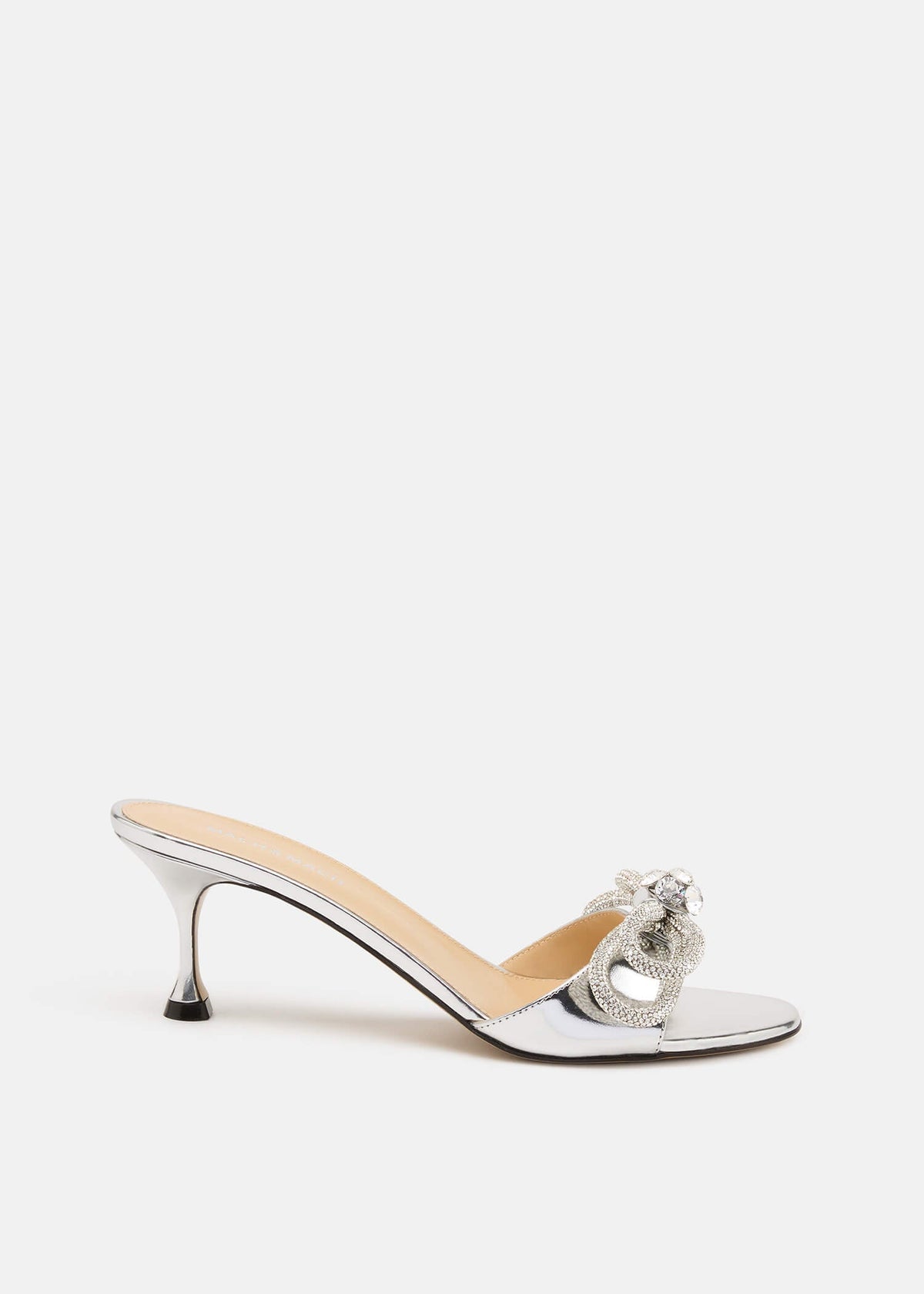 Iris Silver Double Bow Mules – front three-quarter view showing double bow, crystal, metallic, silver, Vowalisse