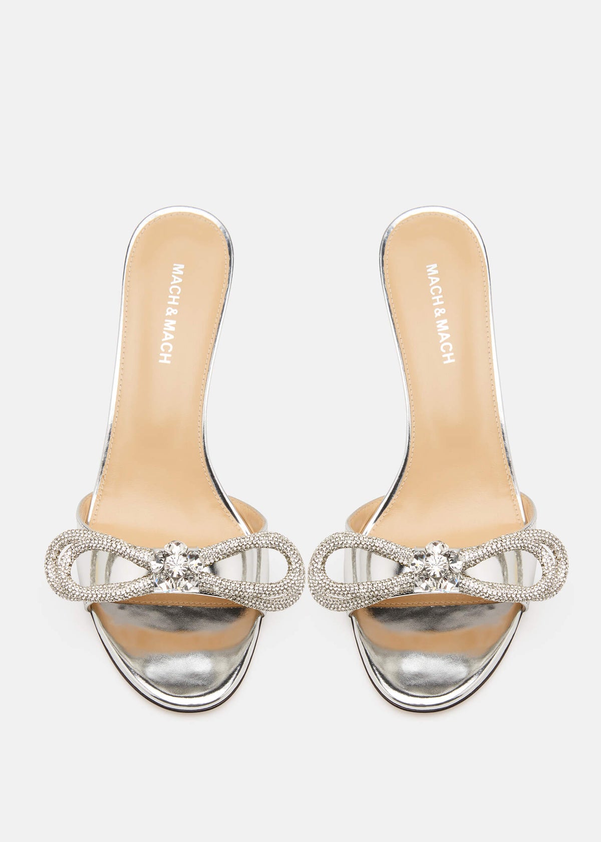 Iris Silver Double Bow Mules – crystal detail view showing double bow, crystal, metallic, silver, Vowalisse