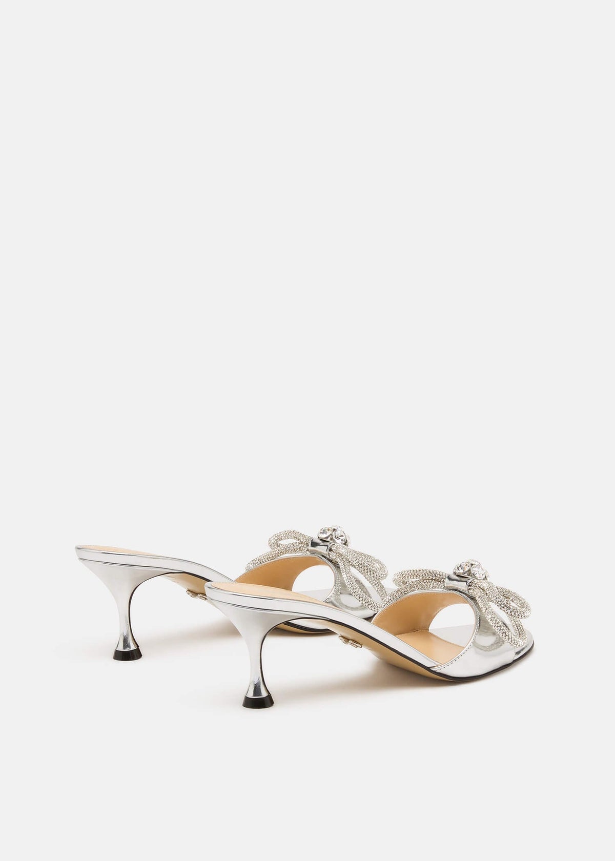 Iris Silver Double Bow Mules – heel view showing double bow, crystal, metallic, silver, Vowalisse