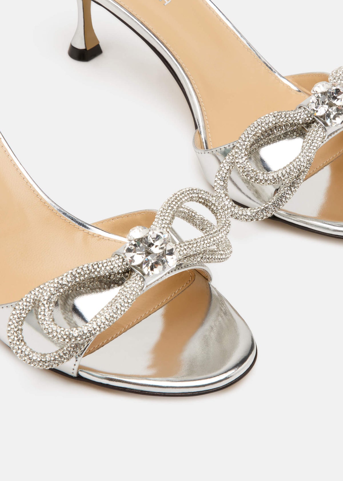 Iris Silver Double Bow Mules – rear view showing double bow, crystal, metallic, silver, Vowalisse