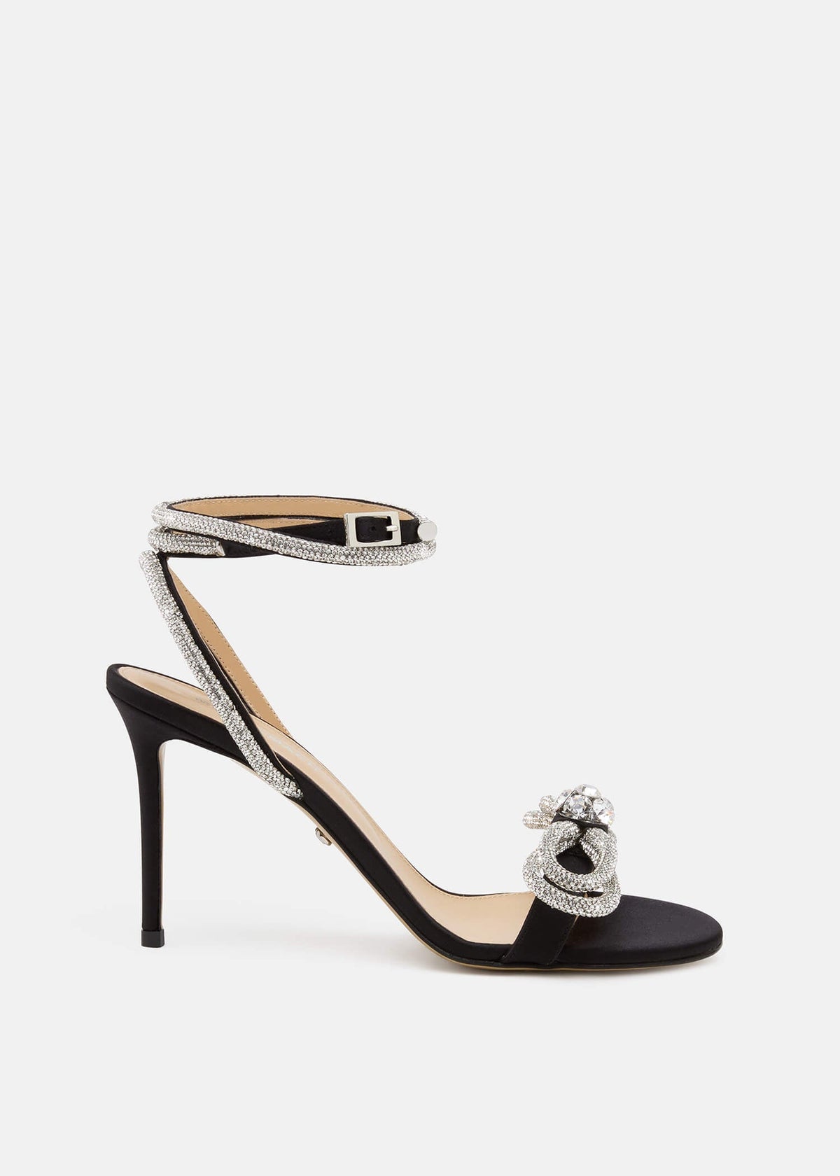 Harmony Black Double Bow Sandals – front three-quarter view showing double bow, crystal, satin, black, Vowalisse