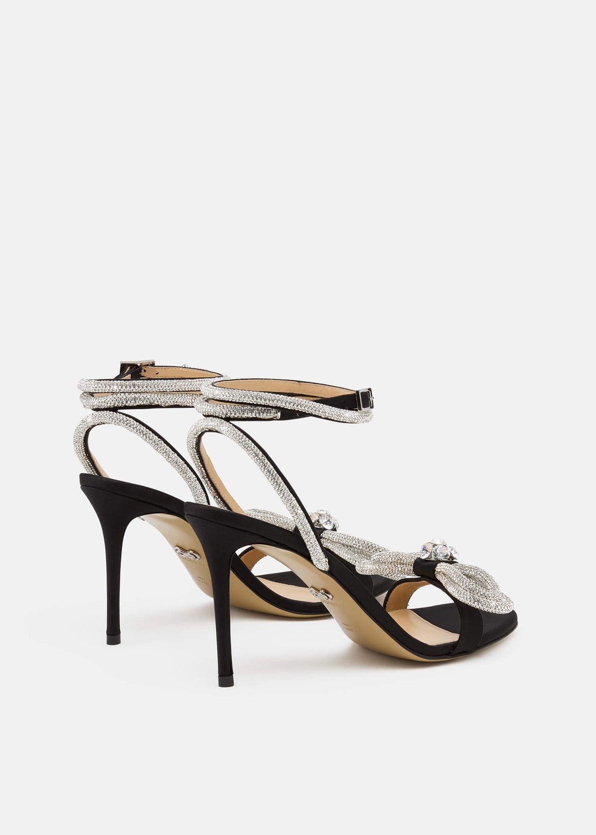 Harmony Black Double Bow Sandals – heel view showing double bow, crystal, satin, black, Vowalisse