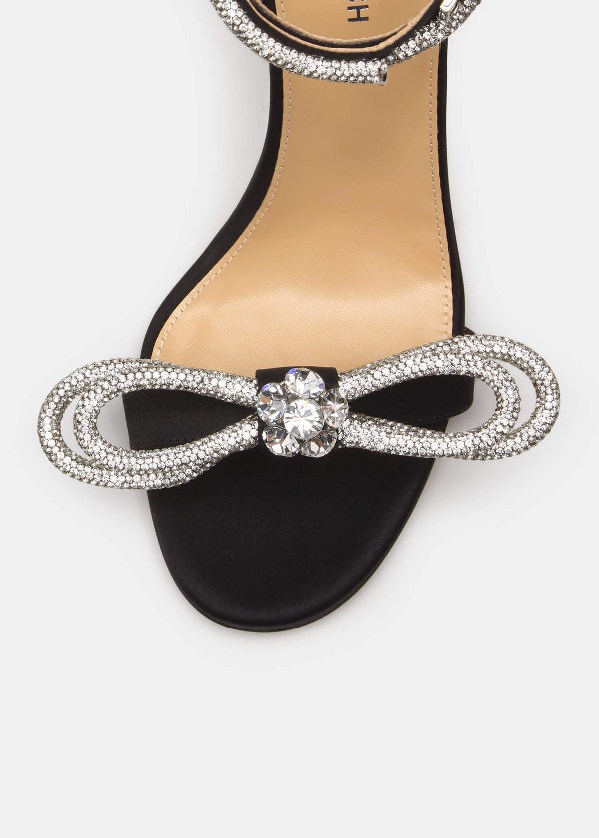 Harmony Black Double Bow Sandals – rear view showing double bow, crystal, satin, black, Vowalisse