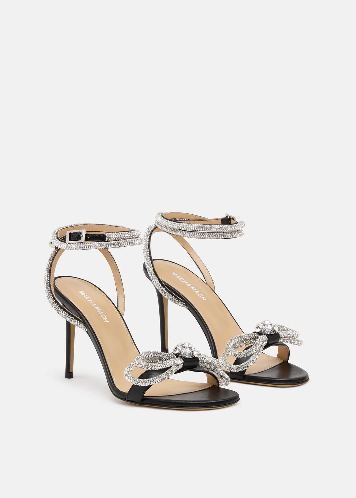 Felicity Black Double Bow Sandals – side profile showing double bow, crystal, black, Vowalisse