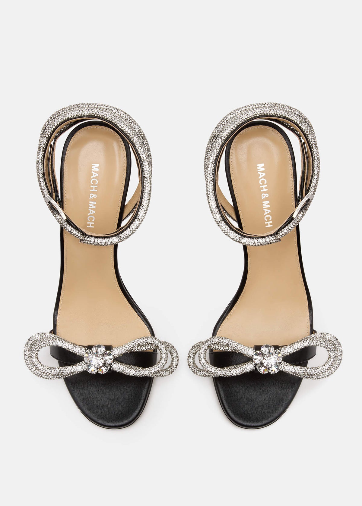 Felicity Black Double Bow Sandals – crystal detail view showing double bow, crystal, black, Vowalisse