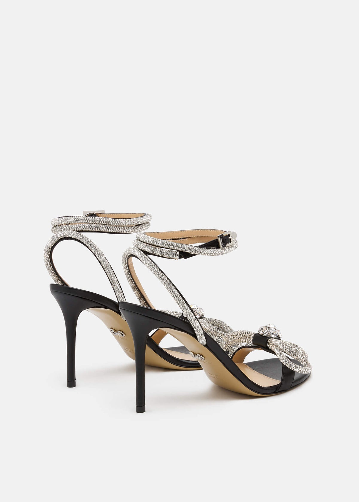 Felicity Black Double Bow Sandals – heel view showing double bow, crystal, black, Vowalisse