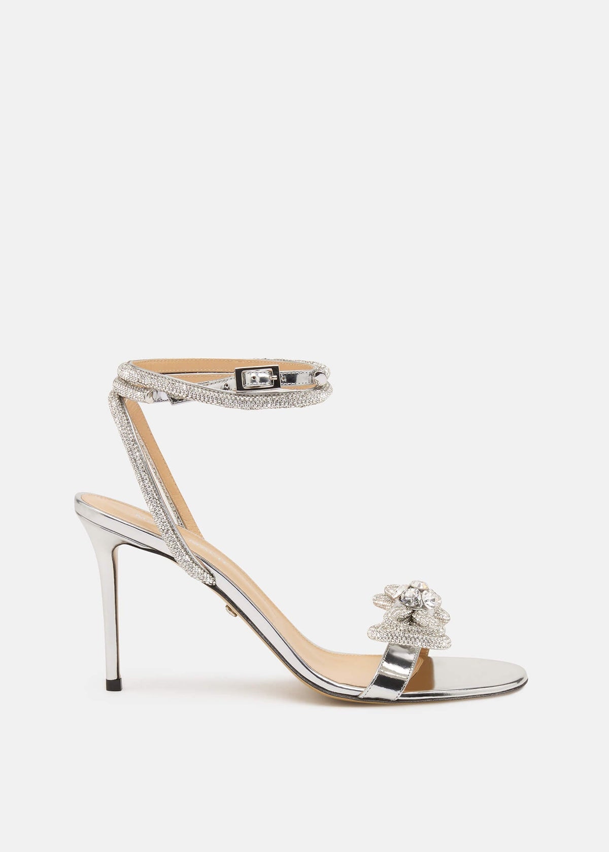 Violetta Silver Double Bow Sandals – front three-quarter view showing double bow, crystal, metallic, silver, Vowalisse