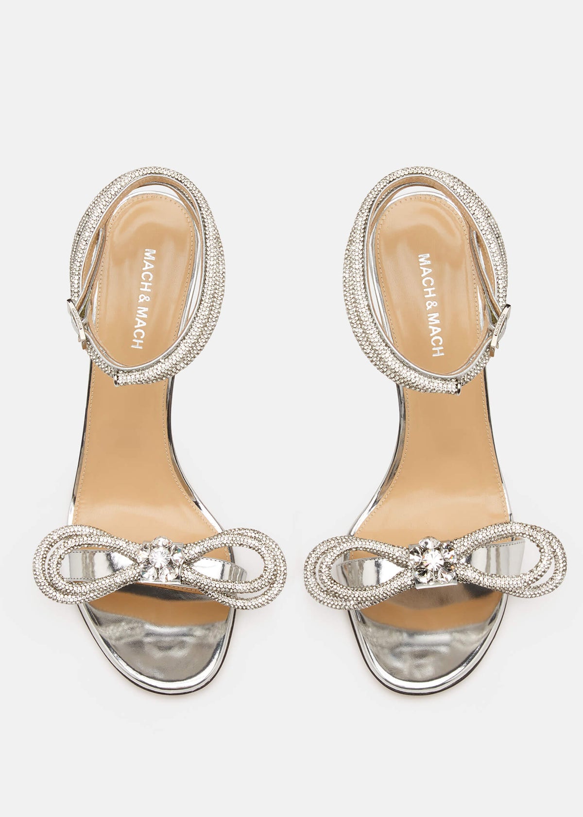 Violetta Silver Double Bow Sandals – crystal detail view showing double bow, crystal, metallic, silver, Vowalisse