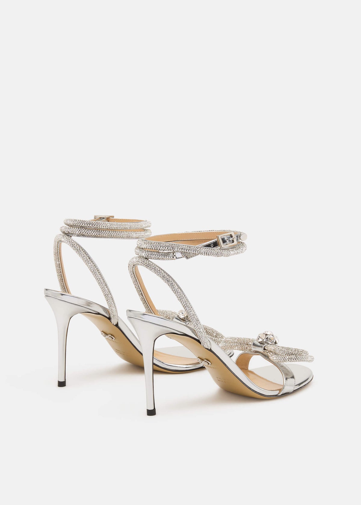 Violetta Silver Double Bow Sandals – heel view showing double bow, crystal, metallic, silver, Vowalisse