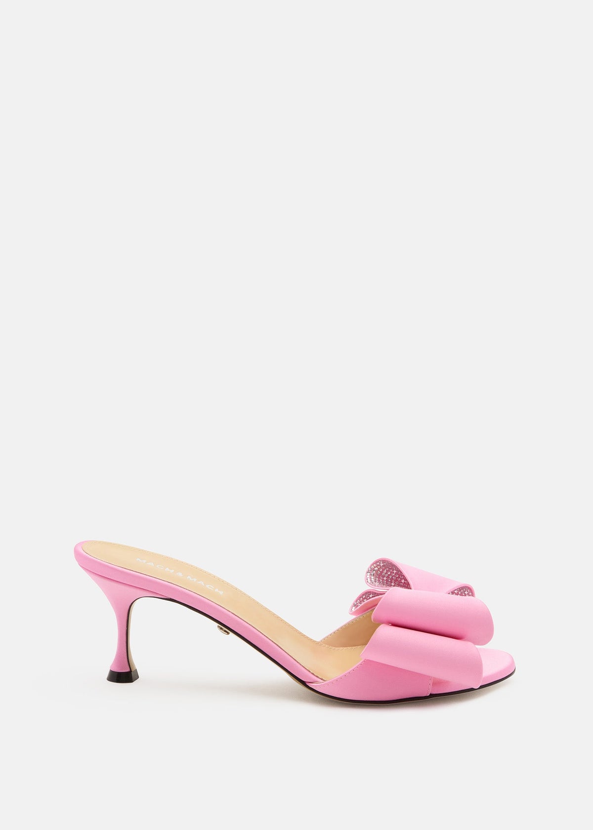 Celestine Pink Crystal Mules – front three-quarter view showing crystal, satin, pink, Vowalisse
