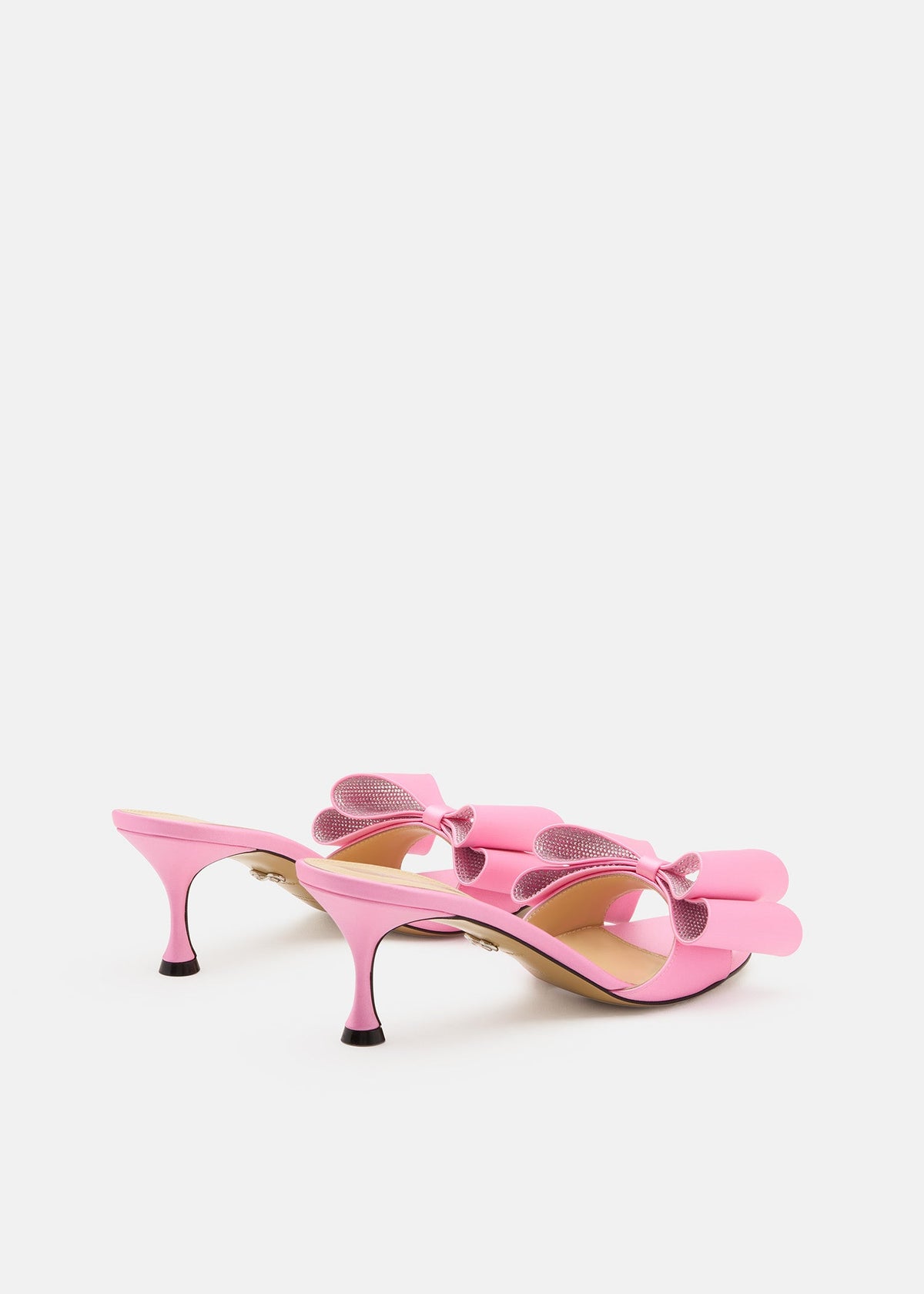 Celestine Pink Crystal Mules – heel view showing crystal, satin, pink, Vowalisse