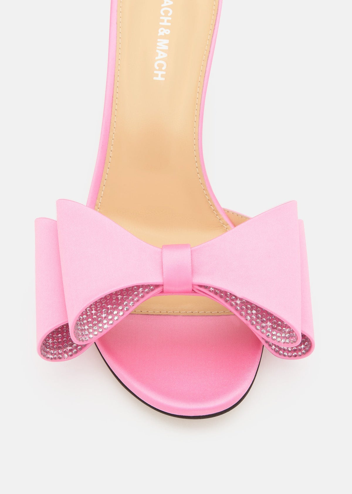 Celestine Pink Crystal Mules – rear view showing crystal, satin, pink, Vowalisse