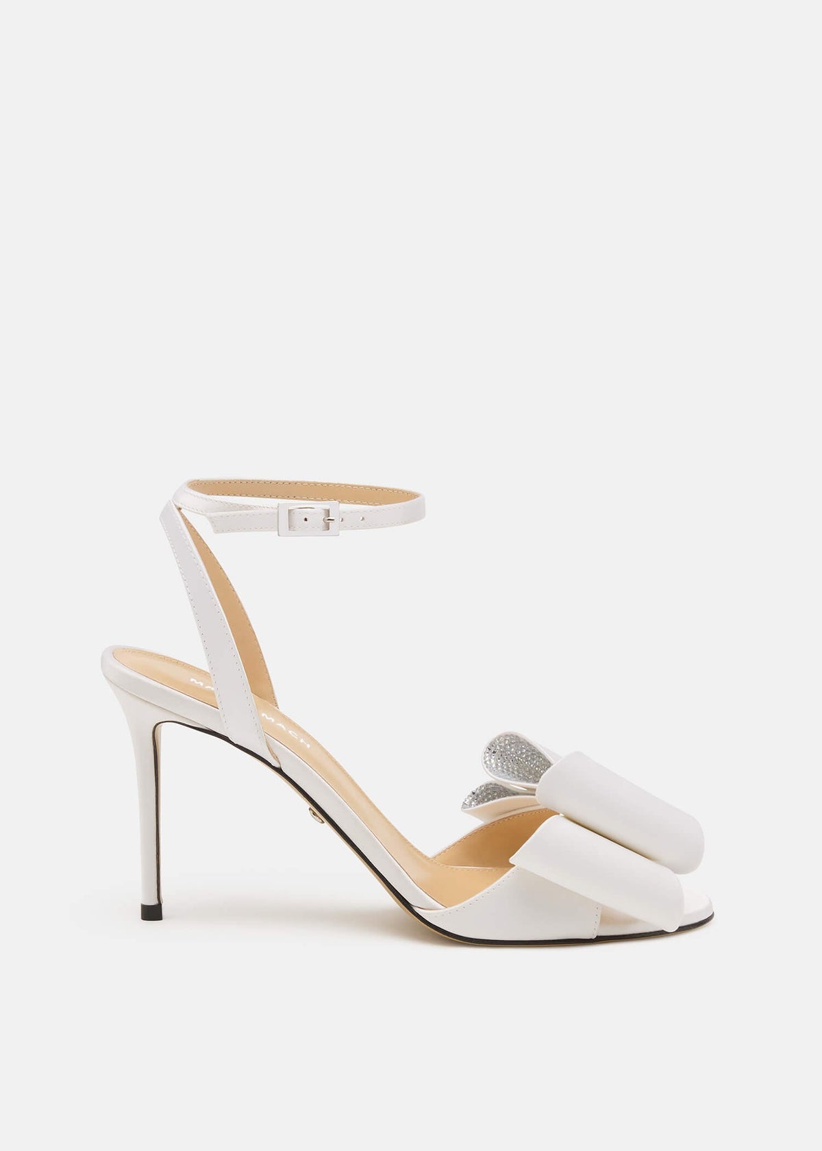 Dahlia White Crystal Sandals – front three-quarter view showing crystal, satin, white, Vowalisse