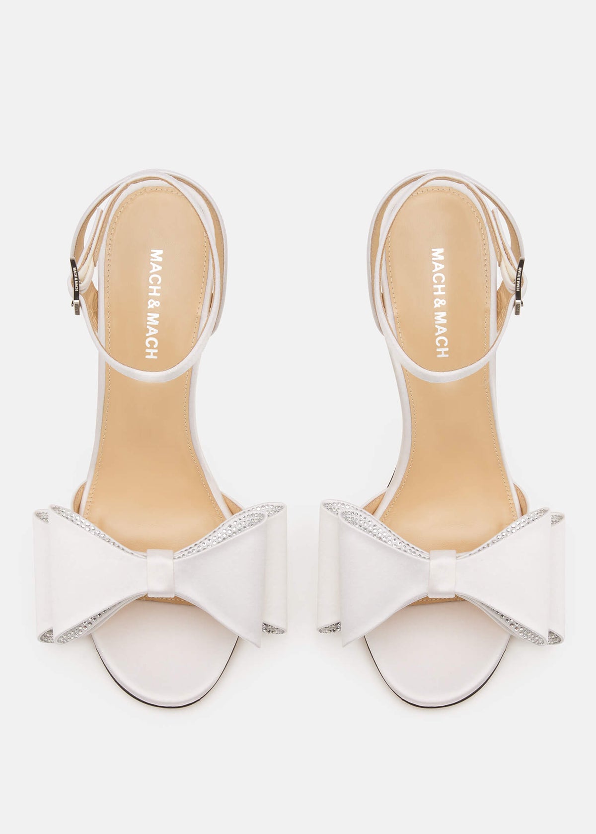 Dahlia White Crystal Sandals – heel view showing crystal, satin, white, Vowalisse