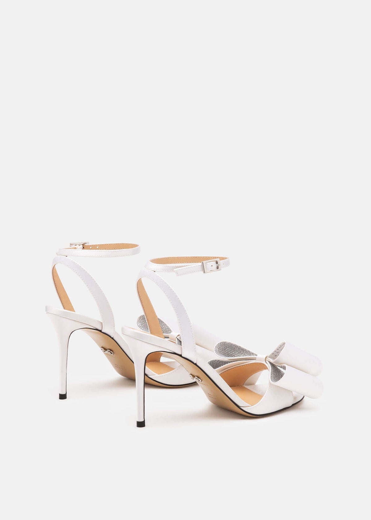 Dahlia White Crystal Sandals – crystal detail view showing crystal, satin, white, Vowalisse