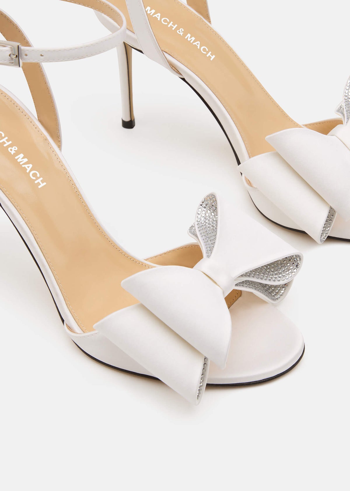 Dahlia White Crystal Sandals – rear view showing crystal, satin, white, Vowalisse