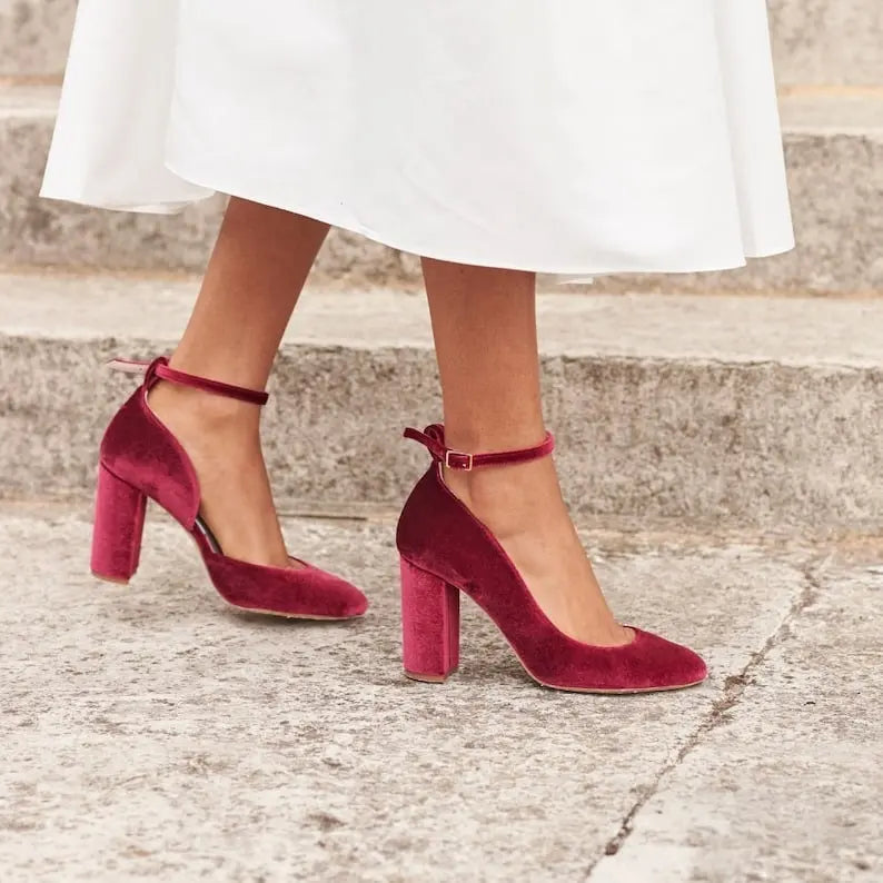 Burgundy Velvet Block Heel Bridal Heels VOWALISSE bridal shoes – view 4