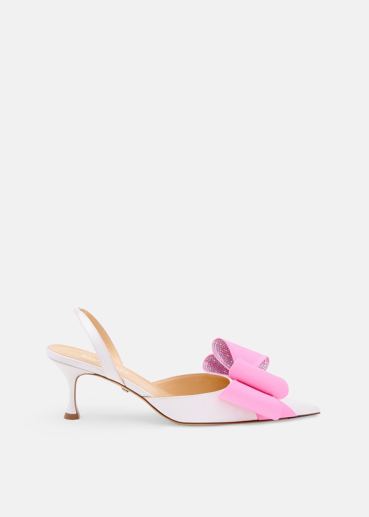 Mirabelle White Crystal Slingbacks – front three-quarter view showing crystal, satin, white, pink, Vowalisse
