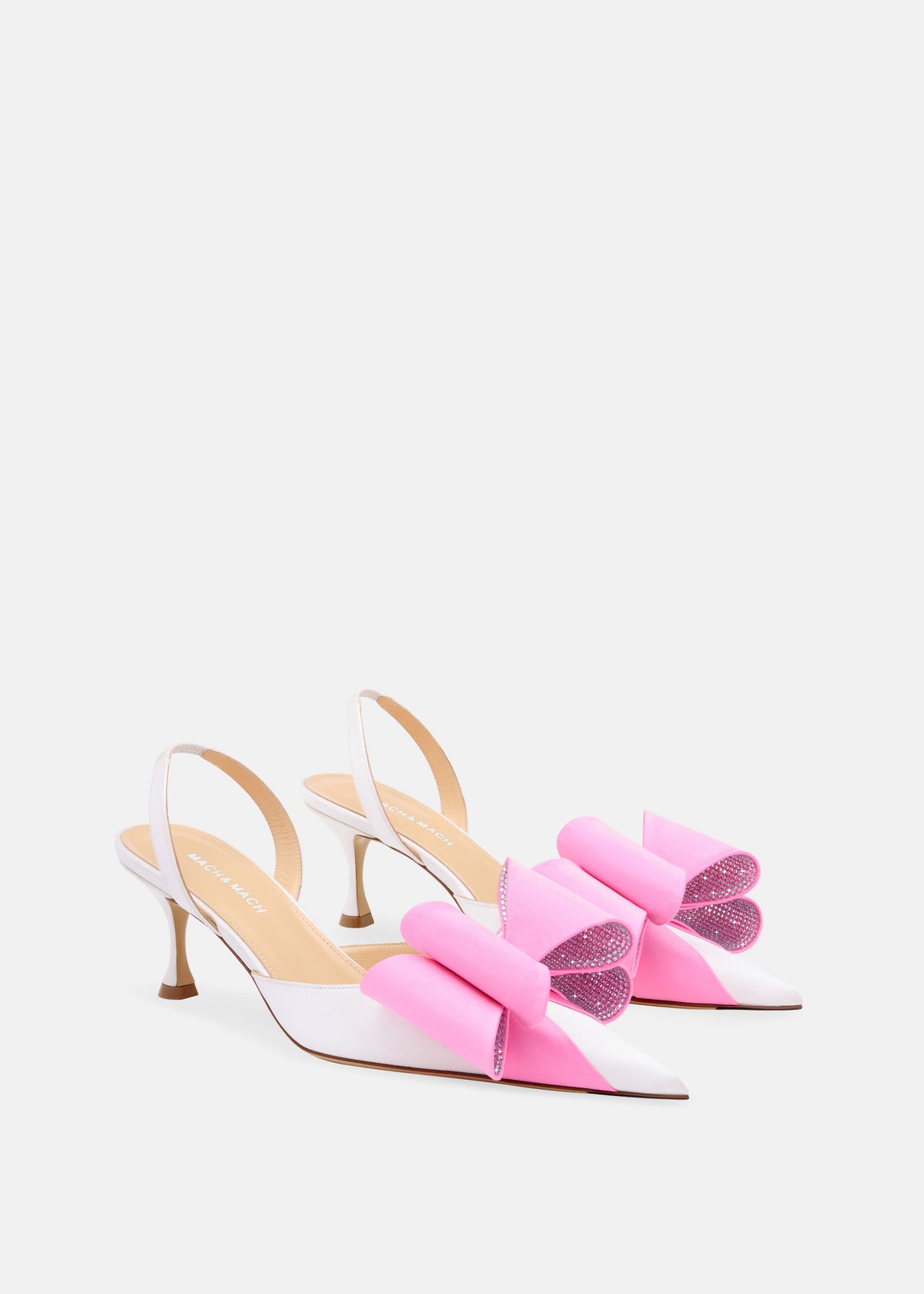 Mirabelle White Crystal Slingbacks – side profile showing crystal, satin, white, pink, Vowalisse