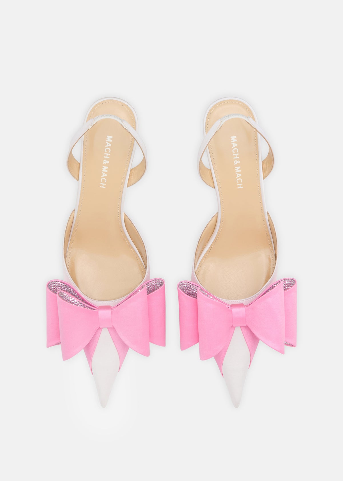Mirabelle White Crystal Slingbacks – crystal detail view showing crystal, satin, white, pink, Vowalisse