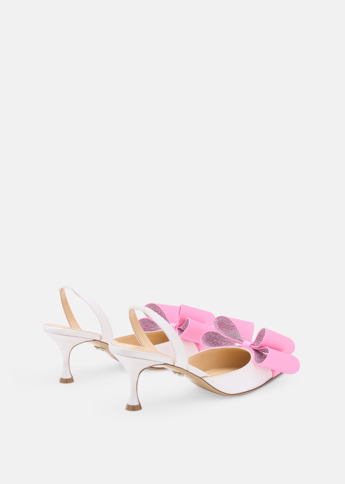 Mirabelle White Crystal Slingbacks – heel view showing crystal, satin, white, pink, Vowalisse