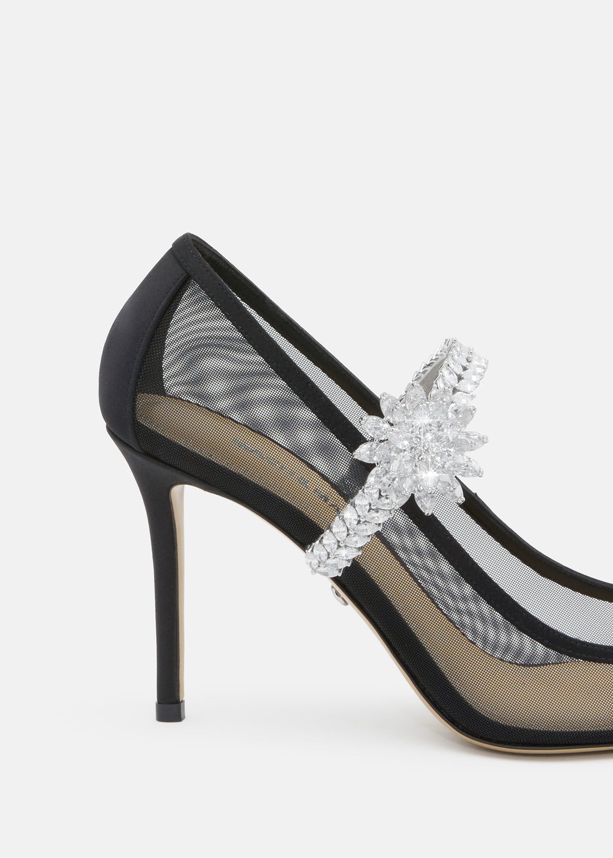 Noelle Black Lotus Flower Pumps – rear view showing lotus flower, crystal, mesh, black, Vowalisse